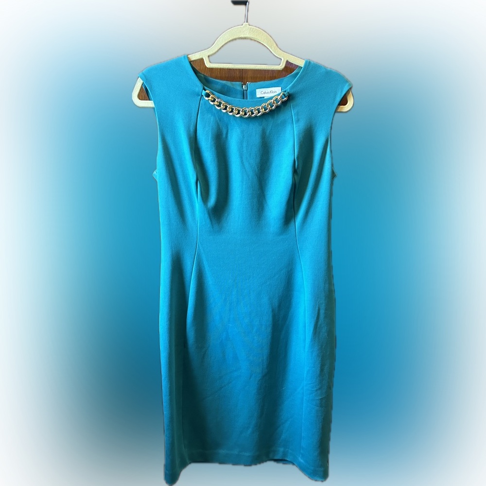 Calvin Klein Size Blue Dress with gold necklace